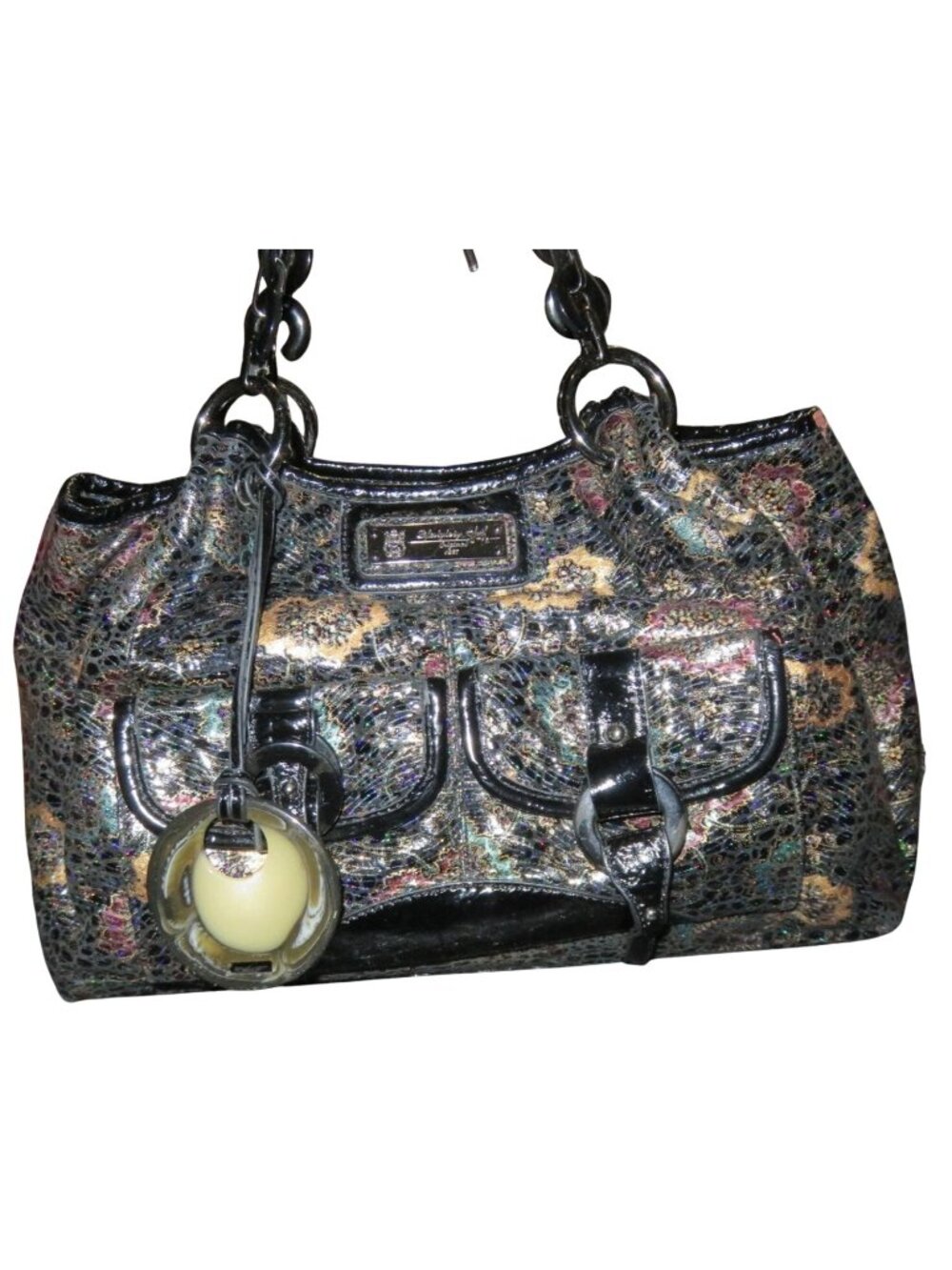 Sharif 1827 Black Metallic Floral Python Embossed Italian Leather Charm Satchel